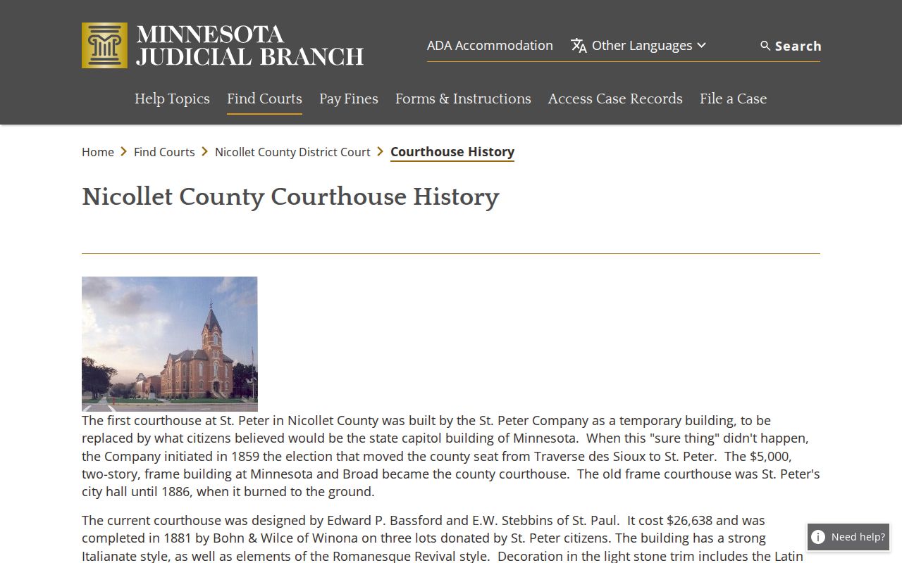 Nicollet County docket search courthouse history reference