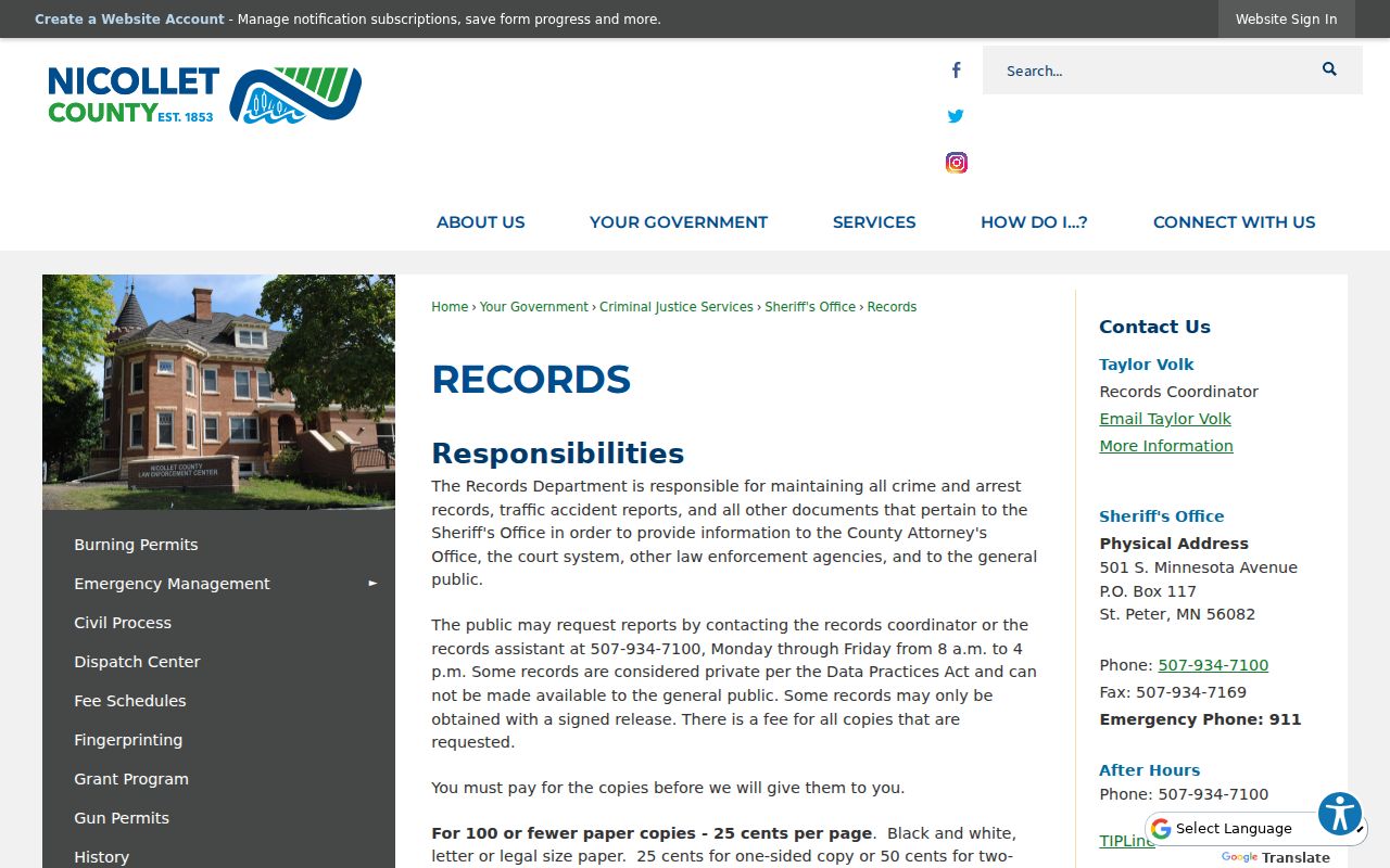 Nicollet County docket search records-custodian reference