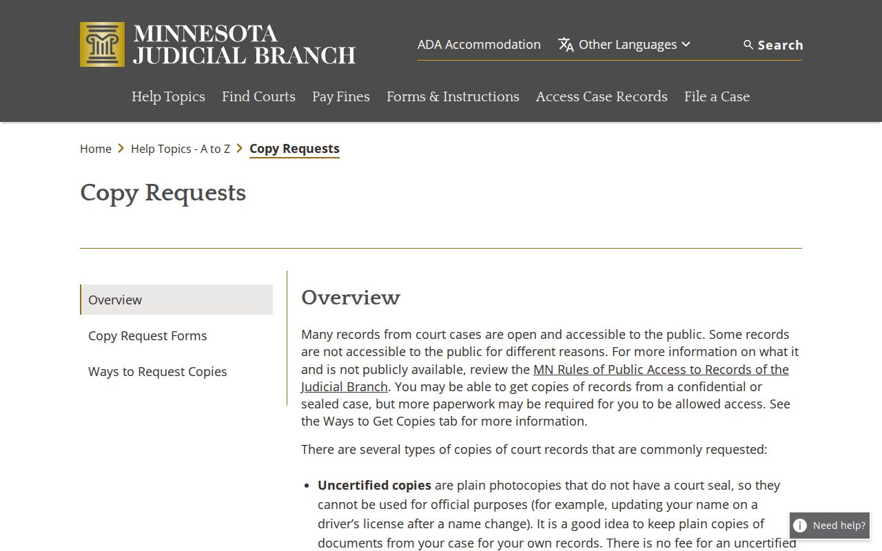 Nicollet County civil docket court copy request access information