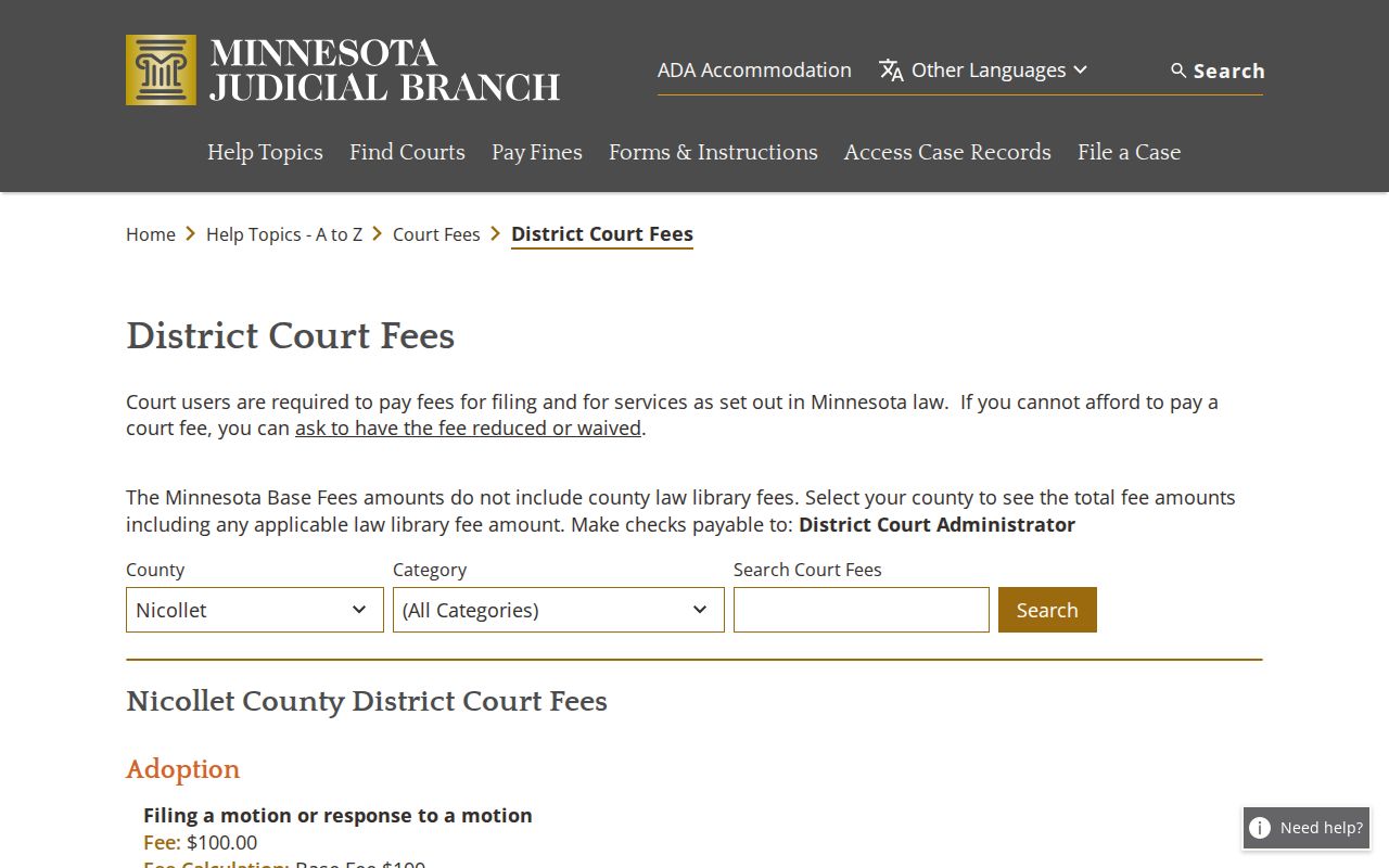 Nicollet County court schedule fee table reference