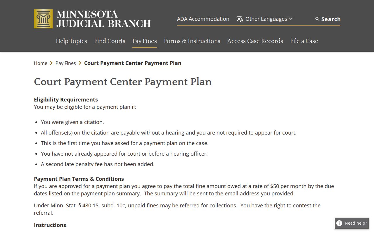Nicollet County court schedule payment-plan request fields