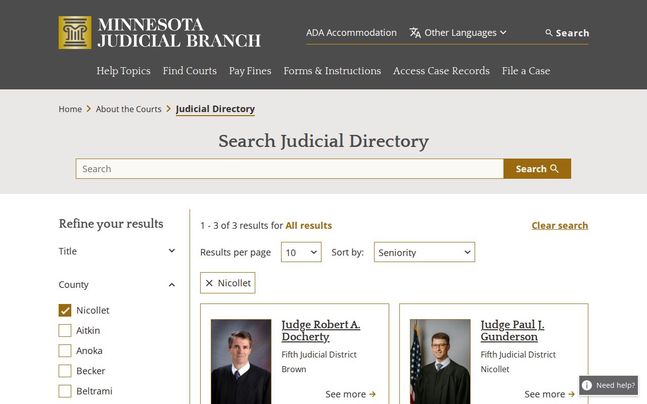 Nicollet County criminal docket judicial directory information