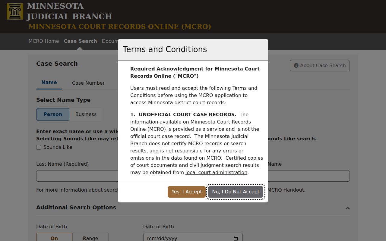Nicollet County court docket case search fields