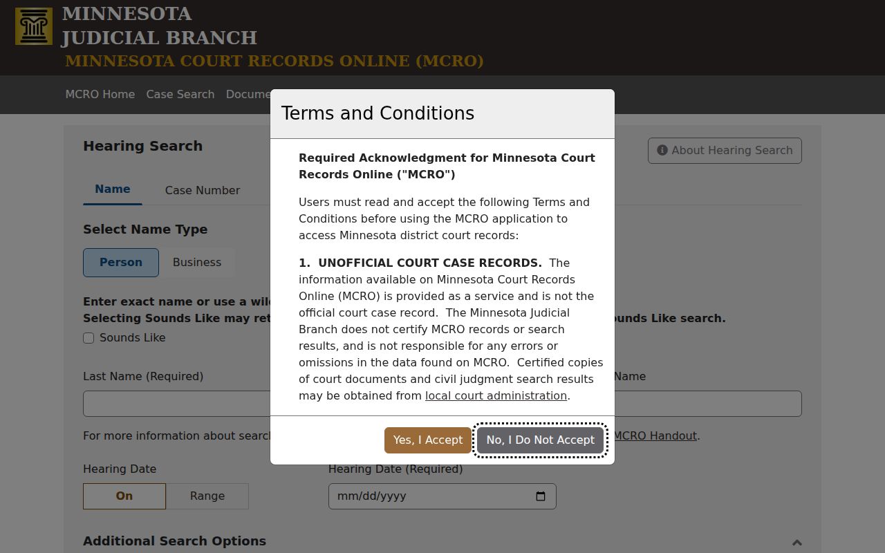 Nicollet County court docket hearing search controls