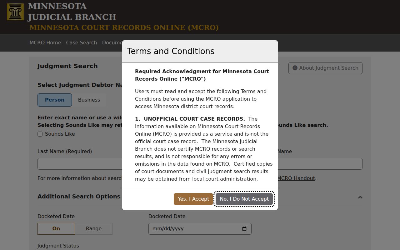 Nicollet County court docket money judgment search fields