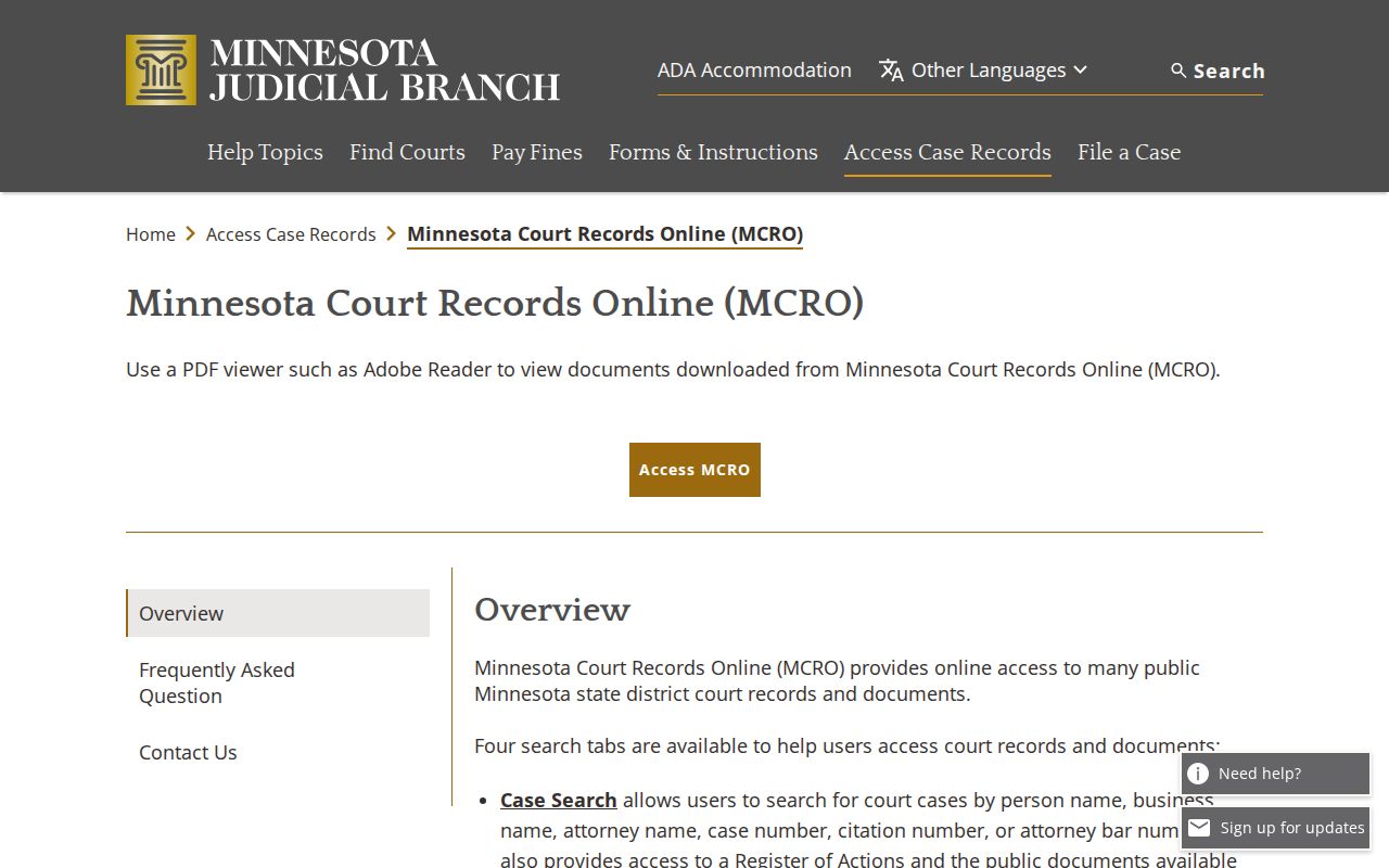 Nicollet County court docket MCRO search tabs